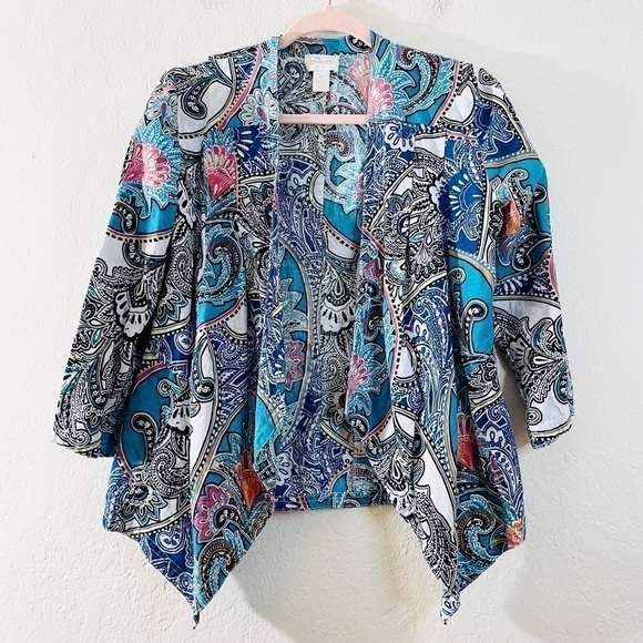 Chico’s Paisley Linen Drape Jacket Women Size Small Blue/Pink - Picture 3 of 13